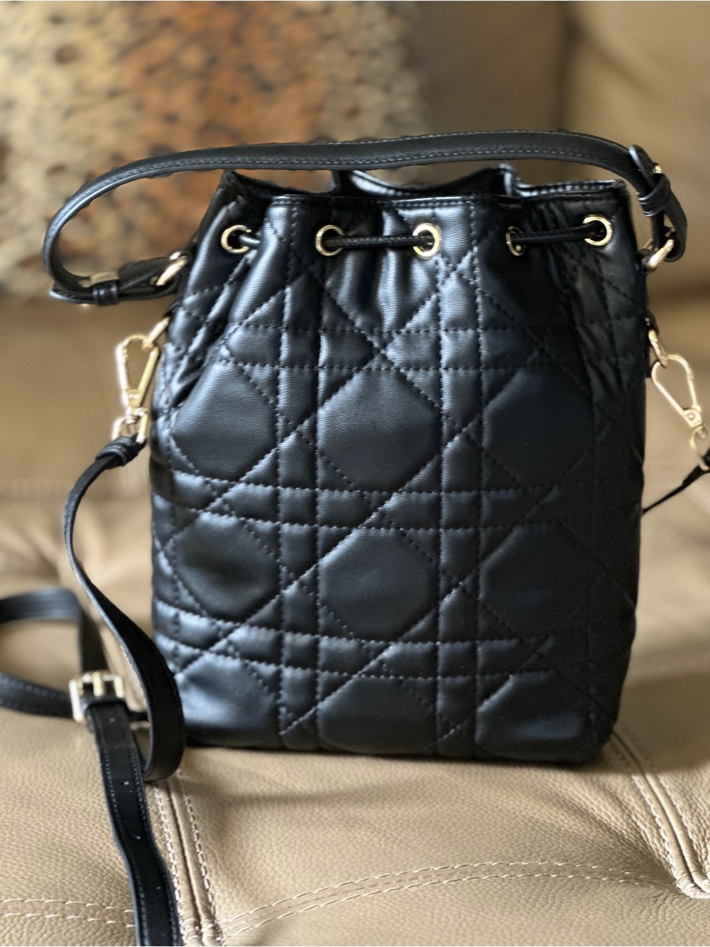 Black Quilted Bucket Crossbody Bag